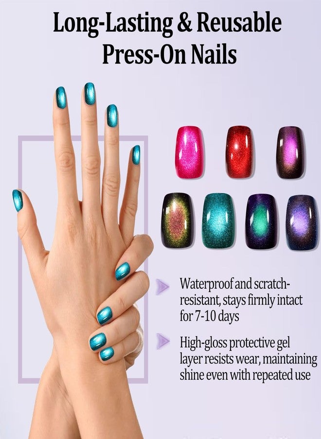 Laza 210pcs Cat Eye Press on Nails for Women 7 Colors Glossy Glitter Black Hole Short Square Reusable Nail Tips in 15 Sizes Long Lasting Salon Fake Nails Stick - Galaxy Chameleon - Image 3